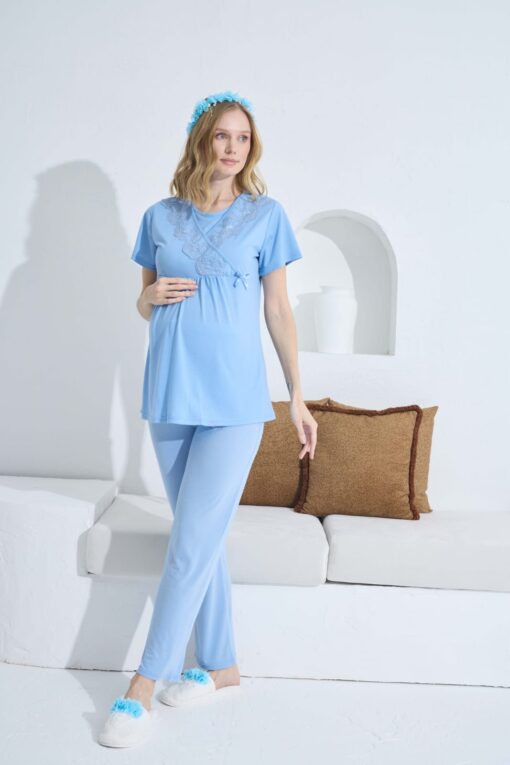 Pyjama grossesse et allaitement manches courtes bleu