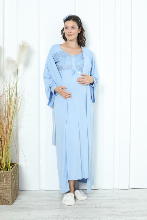 Pyjama grossesse et allaitement long avec peignoir bleu