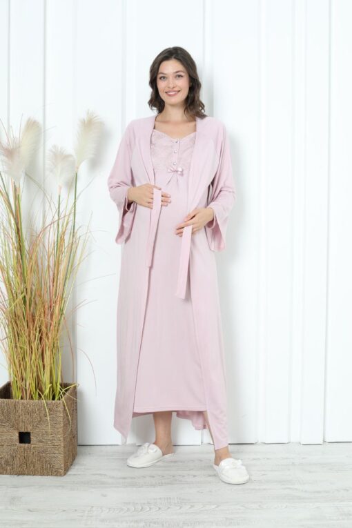 Pyjama grossesse et allaitement long avec peignoir rose