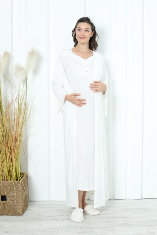 Pyjama grossesse et allaitement long avec peignoir blanc