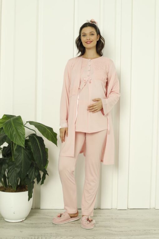 Pyjama grossesse et allaitement 3 pcs avec lacet rose